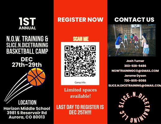 3 day basketball camp December 27th - 29th. Scan the code to register.