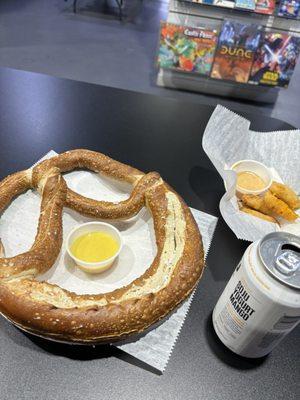 Mac n cheese bites, pretzel and mango soju yogurt