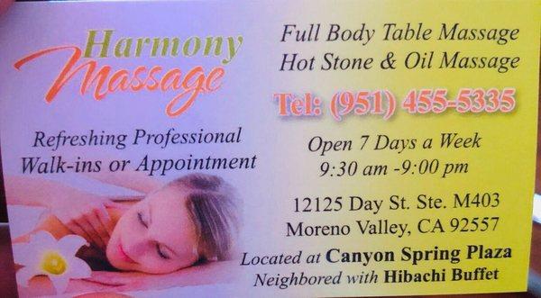 Harmony Massage Tel:951-455-5335  12125 Day St,Ste M403, Moreno Valley, CA 92557 9:30 AM - 9:00 PM