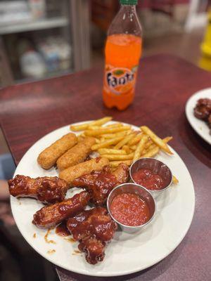 BBQ Wings, French Fries, and Mozzarella Sticks