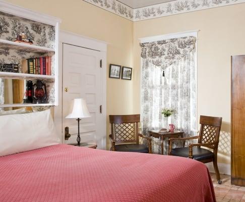 Hazeldine room on main floor has king bed, marble floors, large bath with Jacuzzi with shower.