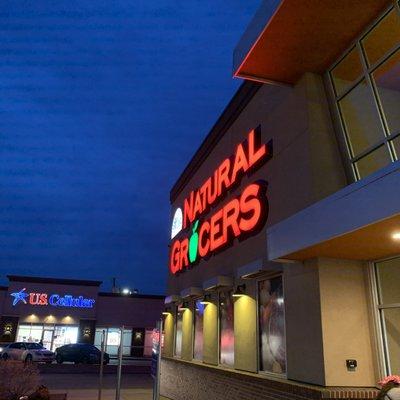 Front of Natural Grocers at night in Wichita Falls, Texas.