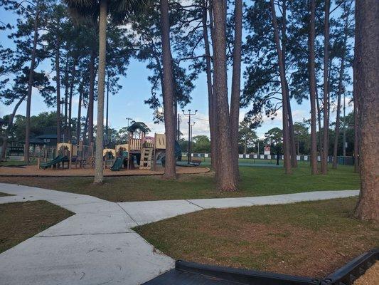 Basketball court, ball field, kiddie playground and sidewalk to make all the areas wheelchair accessible.