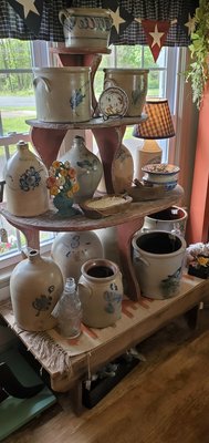 Vintage Primitive Plant Stand w/ A Collection of Cobalt Blue Decorated Crocks & Jugs