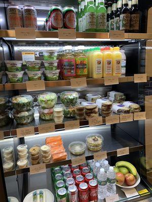 Grab-and-go salads, sandwiches, and snacks, and bottled beverages.