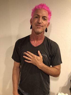 Neon pink color & cut.... got him ready to shine at Burning Man...