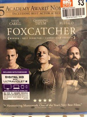 3/26/18. Monday morning. Foxcatcher. On Blu-ray! $3!! An excellent film based on a true story. Incredible performances by all involved!!