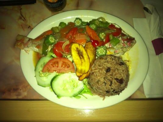 Steamed red snapper with rice and peas, plantain and salad. EXCELLENT!!