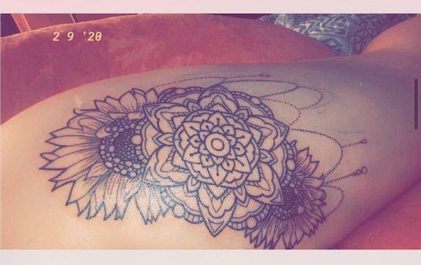 Thigh tattoo, mandala, sunflowers