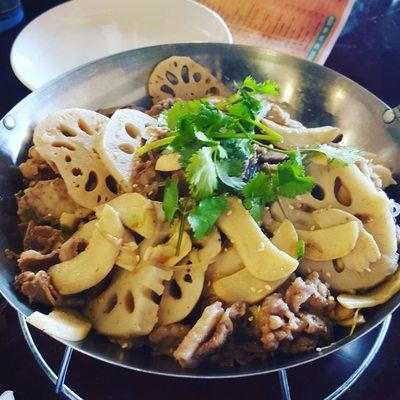 Beef, fish, lotus and noodle pot.  Yum