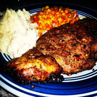 New York Strip with Mashed Potatoes  and Flamin' Corn