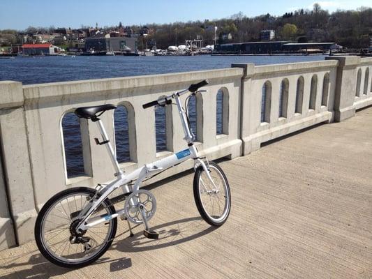 A folding bike parked on the footbridge in Belfast, ME.