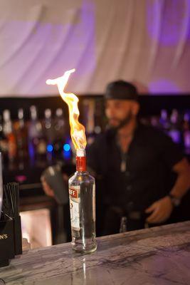 GCSOBE BARTENDER ALCHOL BOTTLE TRICK WITH FLAMES SUPER EXCITING EXPERIENCE