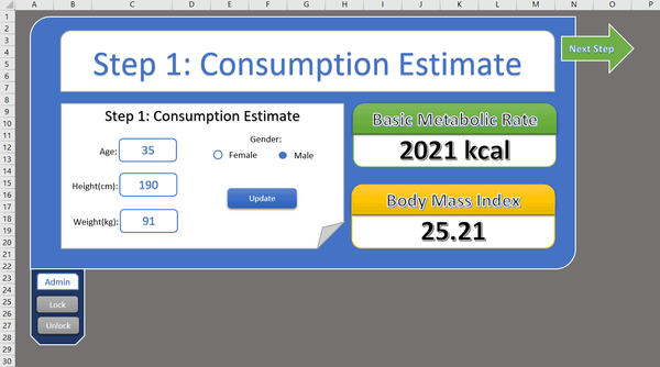 An advanced Diet planner. This is page 1, which helps calculate your Body Mass Index.