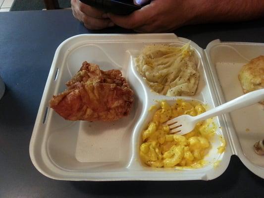 Chicken breast, mashed potatoes, and macaroni/cheese. Yum!