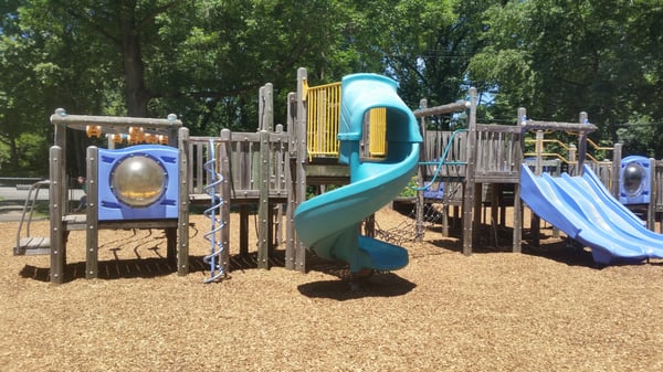 Yellow Sliding "Rings", Twisty Slide, Rope Wall, & Cascade Slides