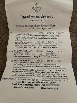 Menu of the tasting flight