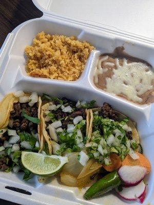 Carne asada taco plate (3x tacos, rice, beans $8.99)