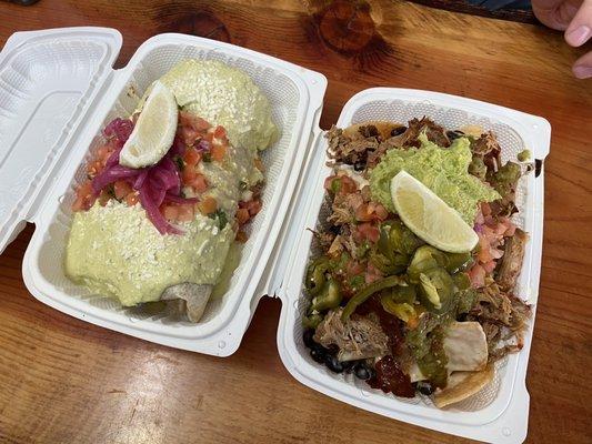 Birria wet burrito and carnitas nachos