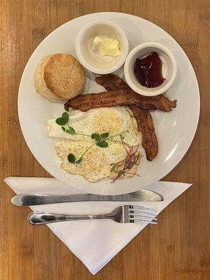 Eggs Over Easy, Bacon, Buttermilk Biscuit, w/Local Grape Jelly