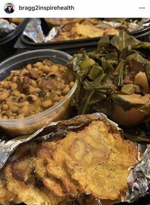 Fried plantains Black-eyed peas with vegan hickory and sage bacon & collard greens