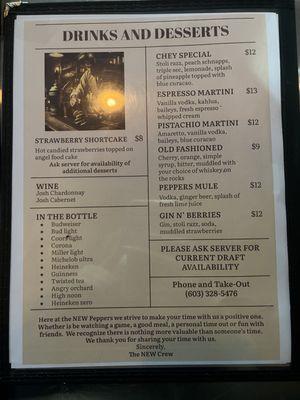 The new Peppers's updated drinks and deserts menu