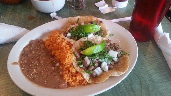 Asada Tacos (Mexican Style) with rice and beans