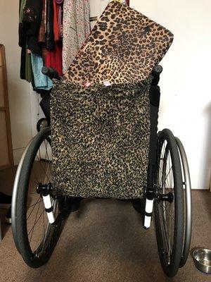 Quickie Wheelchair from Access Medical, with my handmade Wheelchair bag (15 inch laptop case holder) I made from all Recycled materials