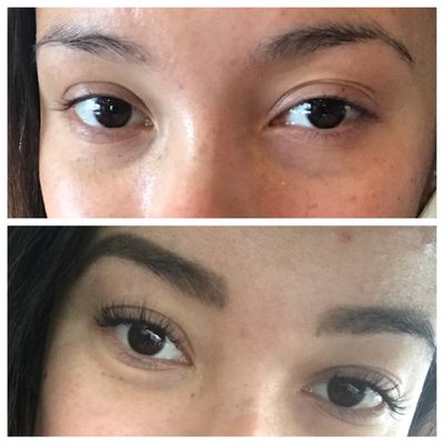 My natural lashes, versus my eyelash extensions. I love that they are already curled and noticeable! It makes me look & feel happier/ pretty