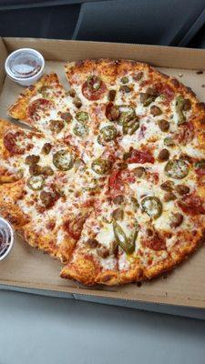 Pepperoni, sausage, jalapeno and extra cheese.