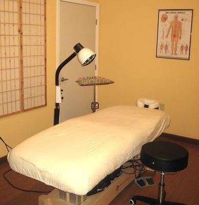 One of our treatment rooms with our electric, multi-position, variable height bed