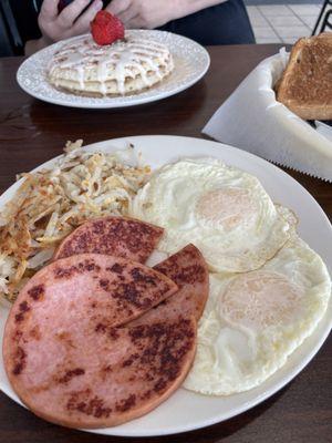 Yummy. Cinnamon roll pancakes. And egg breakfast with pork roll