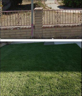 fence removed, brick and cement removed on walkway, new cement placed, ground leveled, dirt removed and synthetic grass placed