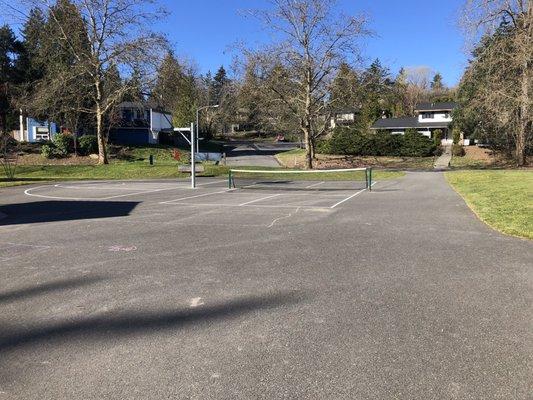 Basketball and netted court