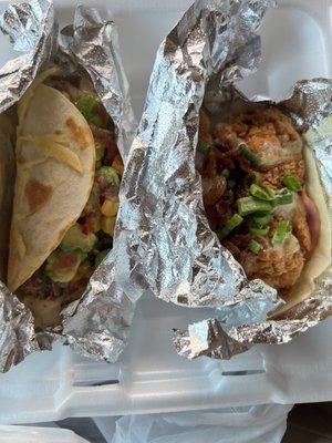 Chicken cordon blue taco and brisket taco