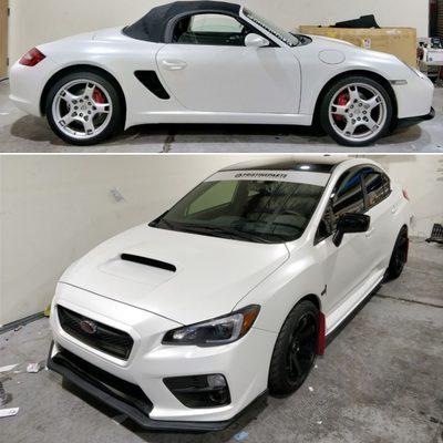 Porsche and Subaru both wrapped in satin pearl white.