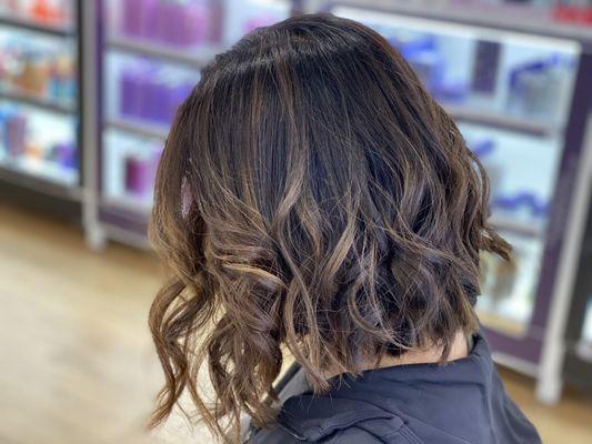 Bob Haircut with Gray Coverage & Caramelt Highlights.