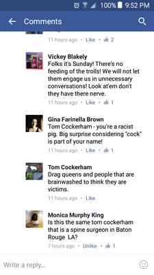 Dr. Cockerham uses Facebook to insult women. He calls them drag queens, brainwashed and victims.