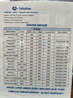 Iphone repair price list