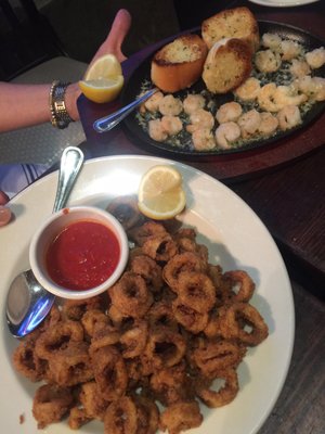 Fried calamari and shrimp scampi