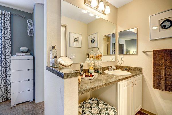 Built in vanities in the master bath at Beacon at Center Apartments in Everett WA