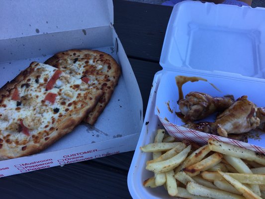 Shrimp pizza and chicken wings n fries, I do not recommend.