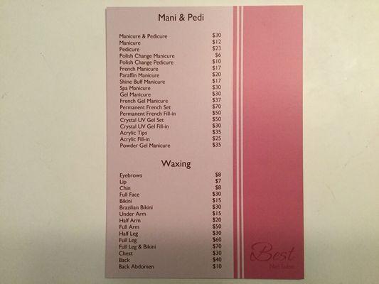 Price list - very reasonable!