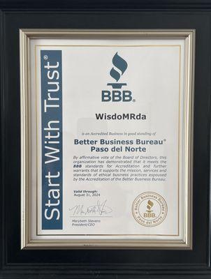 I'm please to advice that the BBB of Directos has approved WisdoMRda for BBB accreditation with A+