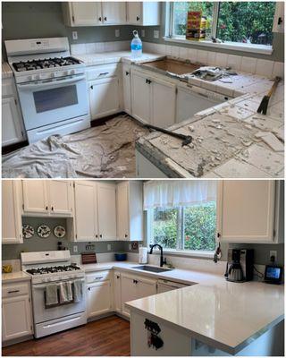 Before and after kitchen refresh - freshly painted cabinets and new quartz counters, sink, and faucet