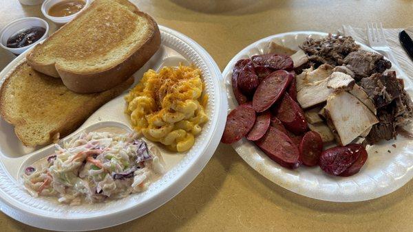 3-meat platter ($15.99) w/ hot link, turkey breast & chopped brisket. Sides of creamy slaw, mac-n-cheese, and Texas toast.