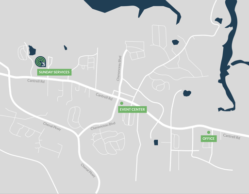 Locations for C3LR Sunday services, Event Center and Offices