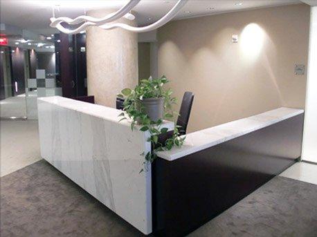 Office Lobby; Custom-Fabricated Marble Waterfall Face Reception Desk.