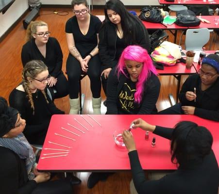 Cosmetology students study nails to perform manicures and pedicures. This advanced lesson is on "How to marble nails"