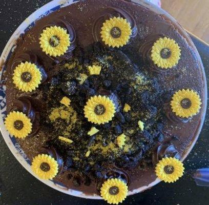 Chocolate 3 layer cake with sunflowers